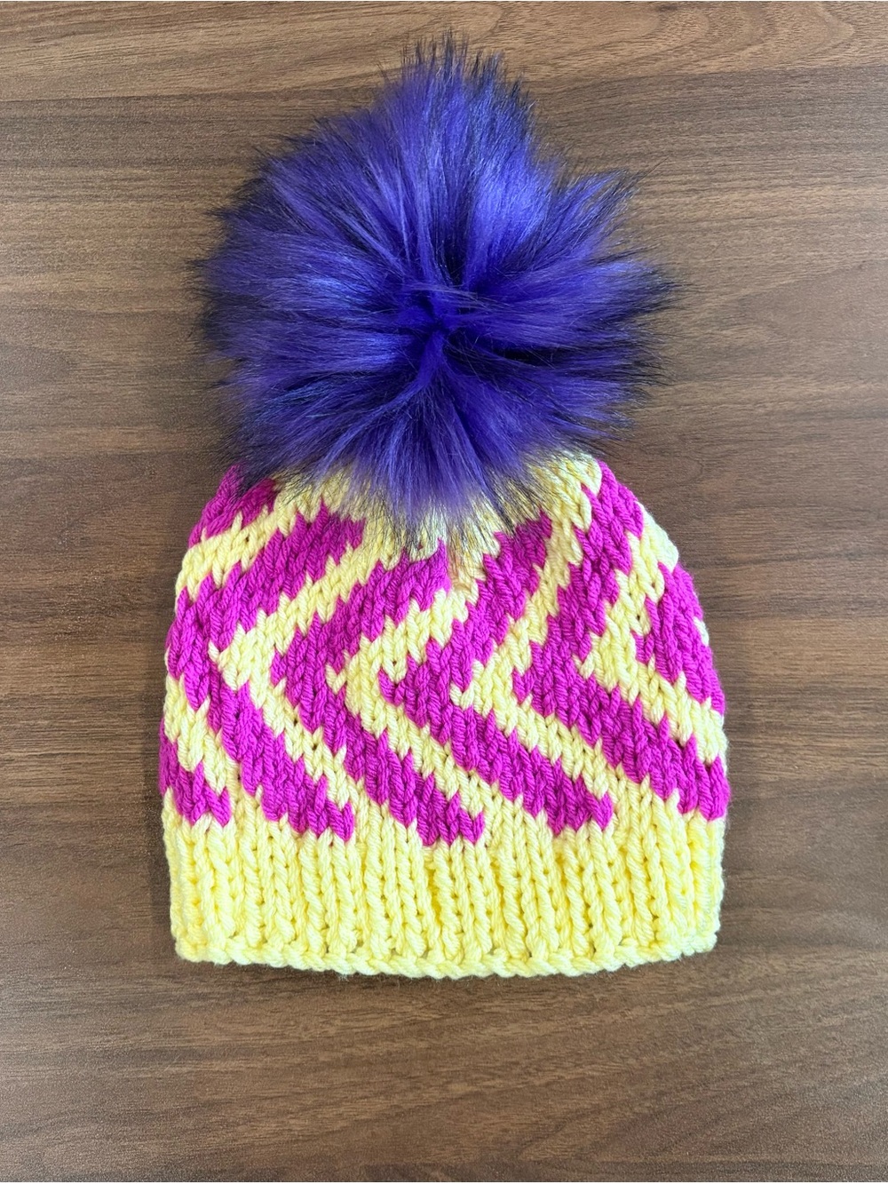 New! Women’s Bright Yellow & Pink Knit Pom Beanie with Purple Pom